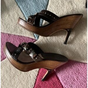 Dior Vintage Y2K Brown Leather Wood High Heel Slide Sandals Mules Studded 36 5.5